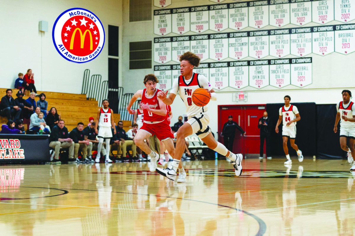 Point guard Trent Perry ’24 sprints down the court. He was accepted to the 2024 annual McDonalds All-American Game which will be played in Houston on April 2. Perry is the fourth basketball player from the school to be selected for the prestigious team.