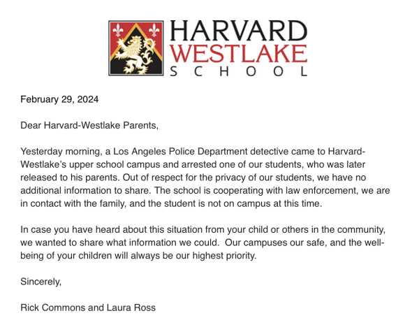 President Rick Commons and Head of School Laura Ross sent out an email to parents at 12:10 p.m. on Thursday informing them of a students arrest.