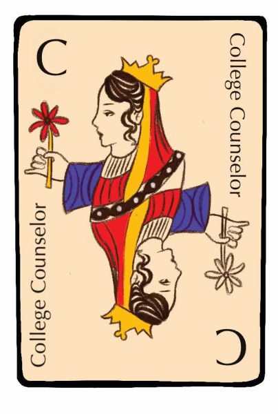 A playing card with an illustration of a college counselor on it. 