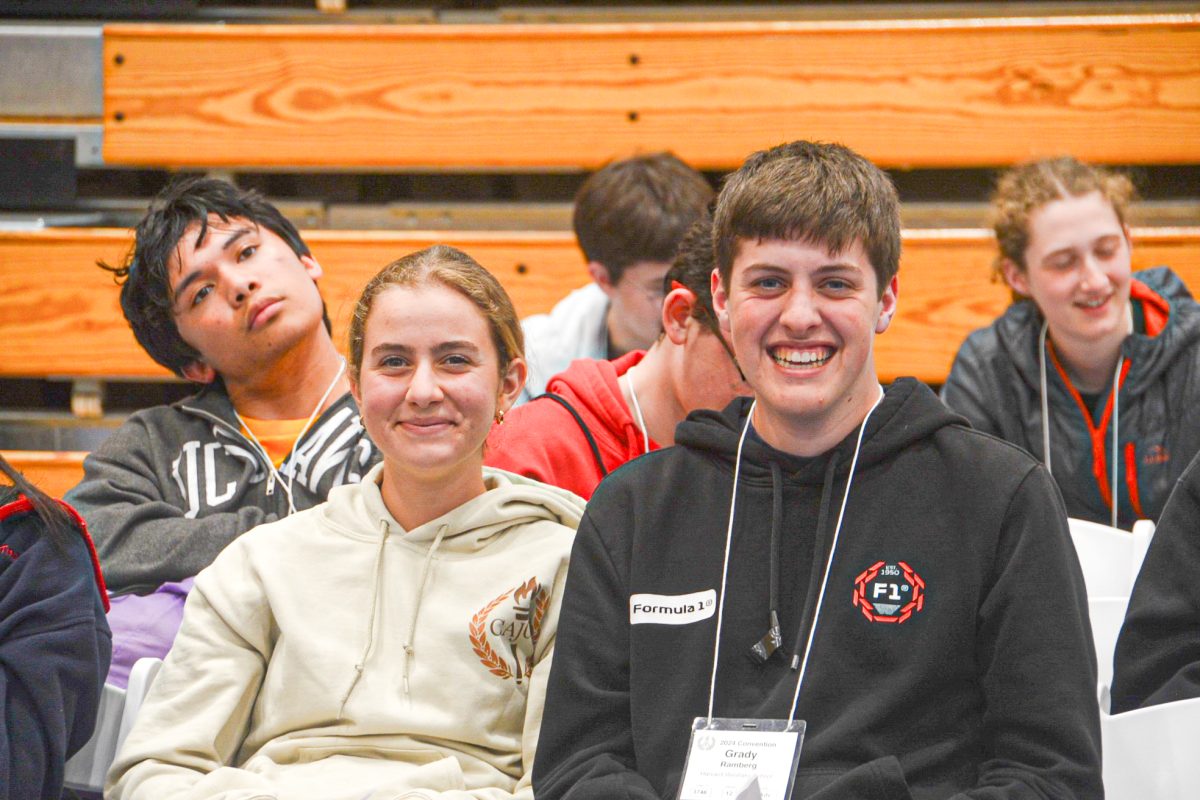 Junior Classical League (JCL) Webmaster and school club leader Sophia Vourakis 24 and club member Grady Ramberg 24 sit for a photo. The schools JCL chapter attended the weekend statewide convention in Atherton, California to participate in activities and Latin-related academics.
