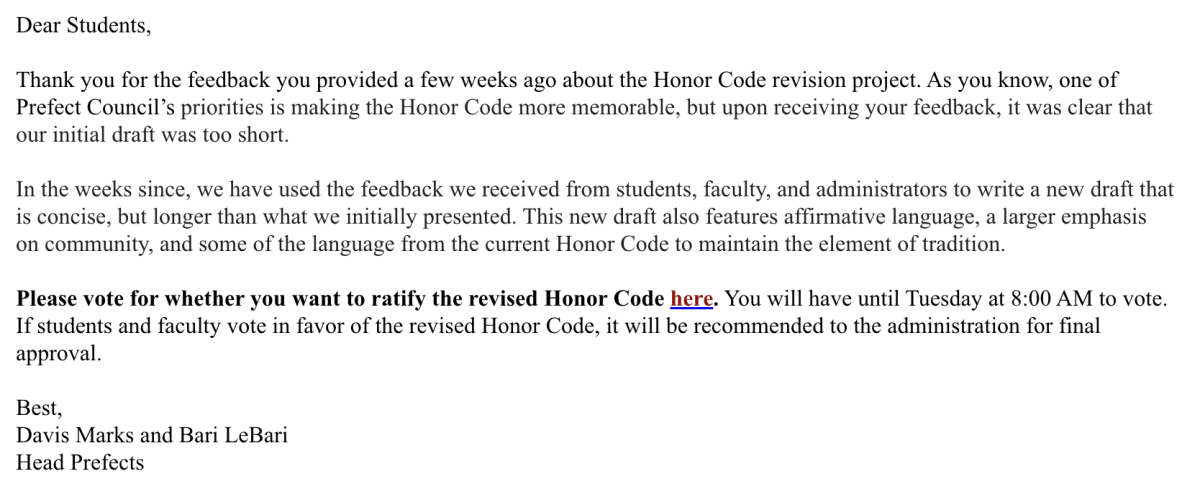 Prefect Council allowed students and faculty to vote on whether they want to adopt the revised Honor Code.
