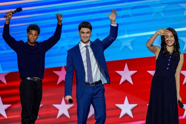 Alexander Hudlin '26, pictured left, stands onstage at the DNC in Chicago, IL on Aug. 21. As Vice President Harris' godson, Hudlin was invited to speak about her family values and character. 