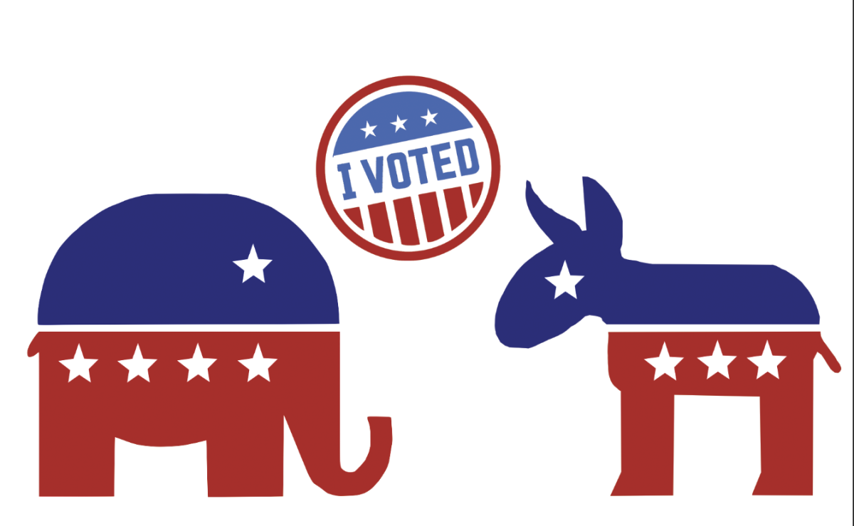 An elephant and donkey, representing the republican and democratic parties, face off under an "I Voted" sticker.