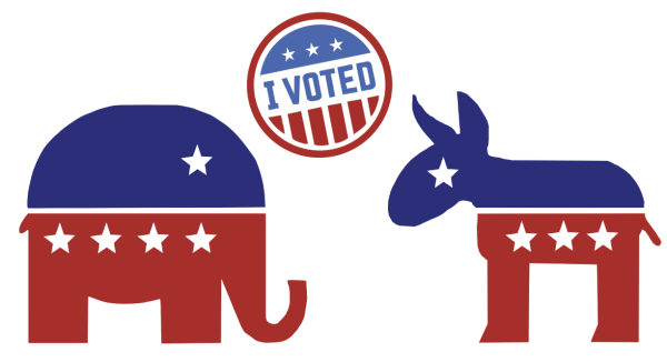 An elephant and donkey, representing the republican and democratic parties, face off under an “I Voted” sticker. 