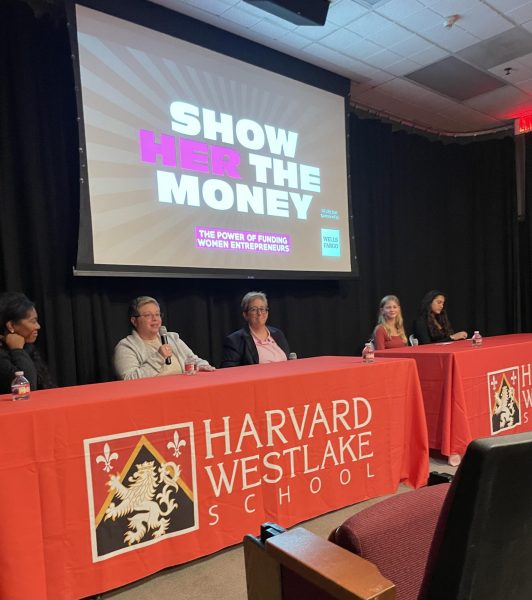 The panel organized by HW Venture sits in Ahmanson Lecture Hall after the film screening.