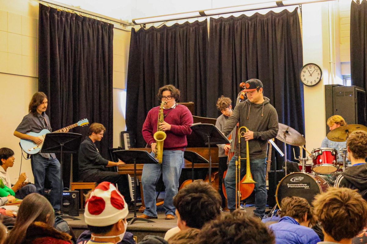 Players from the USC Thornton Jazz Band perform in Chalmers during a concert on campus. They were invited by Jazz Director Chris Sullivan to perform repertoire to students and faculty.