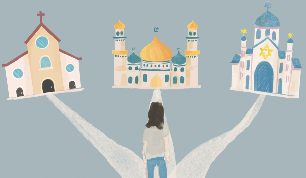 A young person stands between places of worship, representing Gen Z’s growing interest in faith.