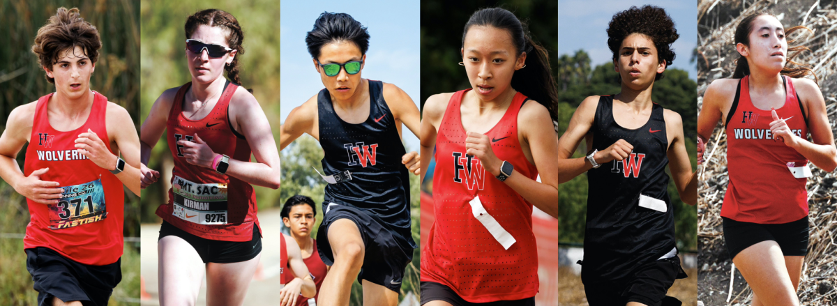 From left to right: Aidan Elson ’27, Elle Kirman ’27, Max Shen ’26, Jia Rhee ’26, Andrew Alpert ’26, Maylie Macias ’26. Each runner competes in their respective races, representing Harvard-Westlake as they progress through the courses. Kirman and Shen wear glasses to protect their eyes from debris. 