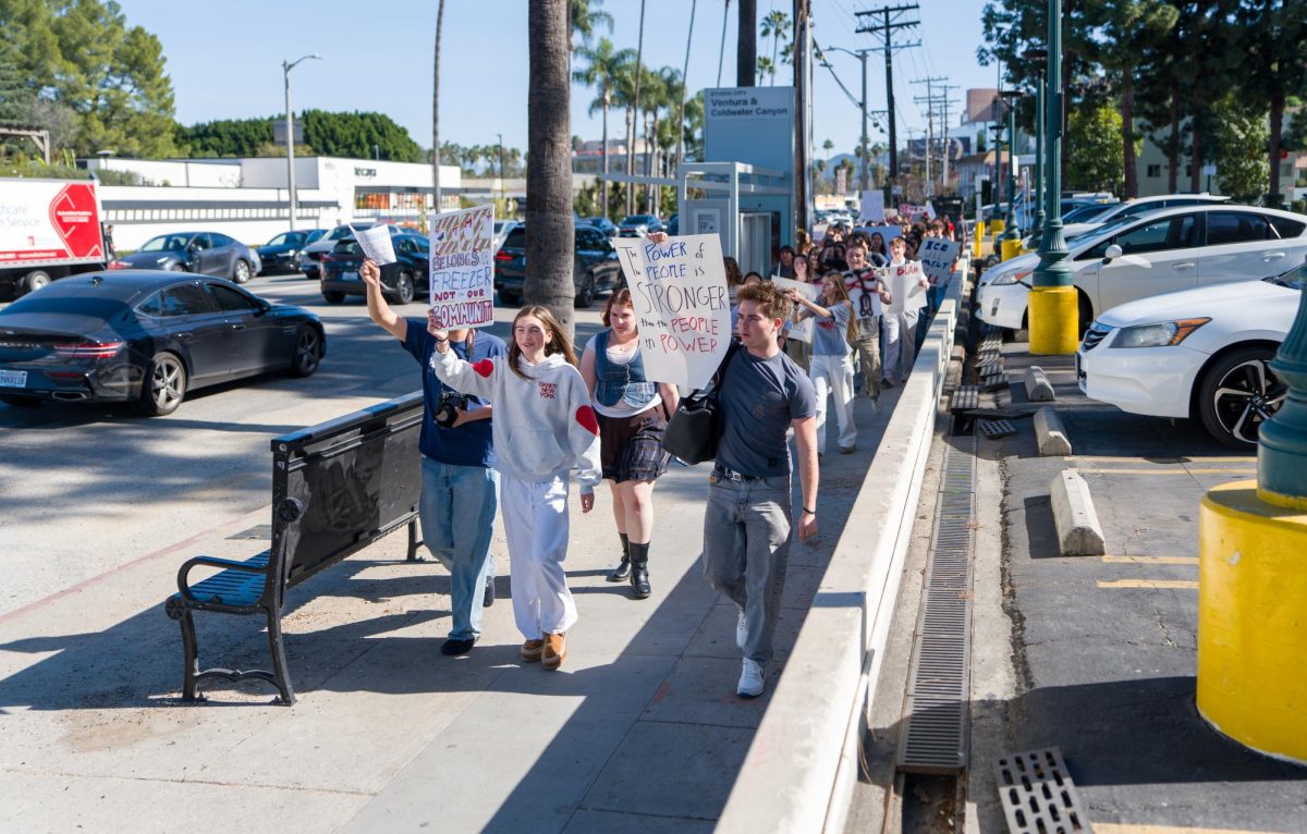 Amid increased immigration enforcement across the country, students at the school staged a walkout along Coldwater Canyon Avenue during lunch opposing violence towards immigrants.