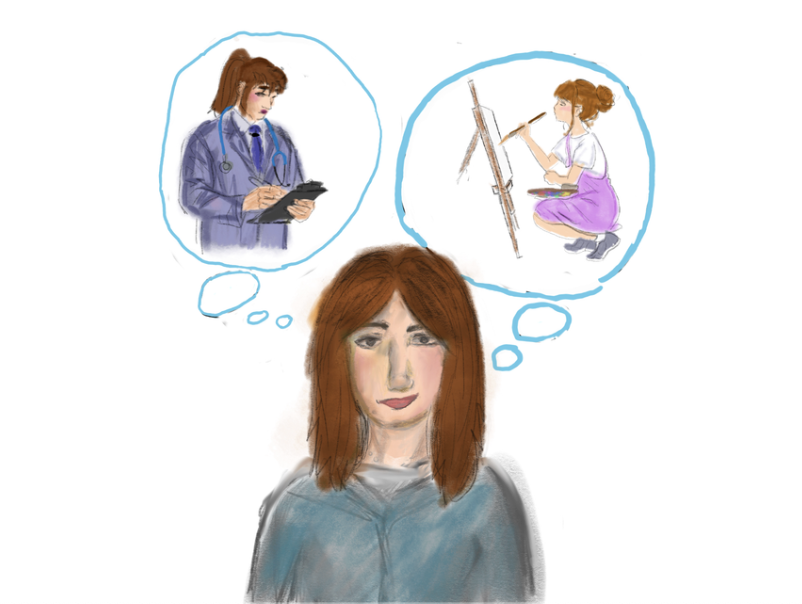 A woman reflects on two possible futures, imagining herself as a doctor or as an artist.