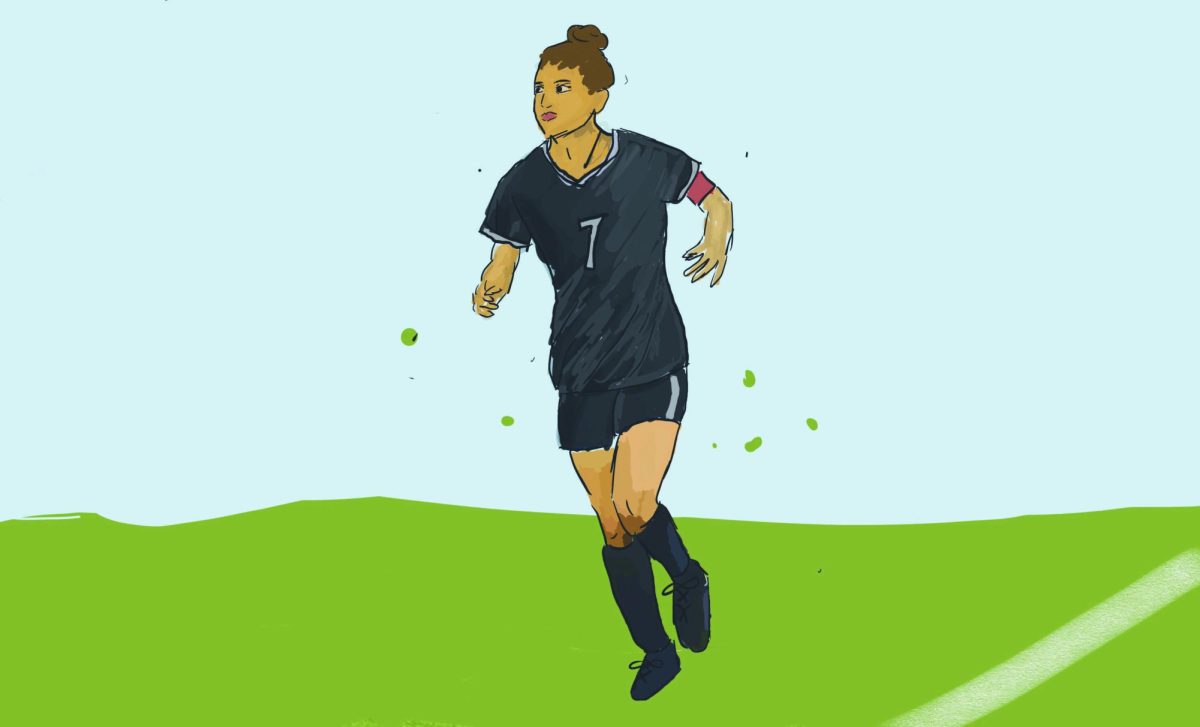 Ali Riley dribbles soccer ball down field.