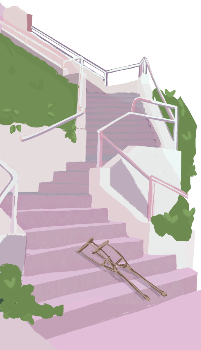 A pair of crutches lie at the foot of the staircase behind Rugby Hall.
