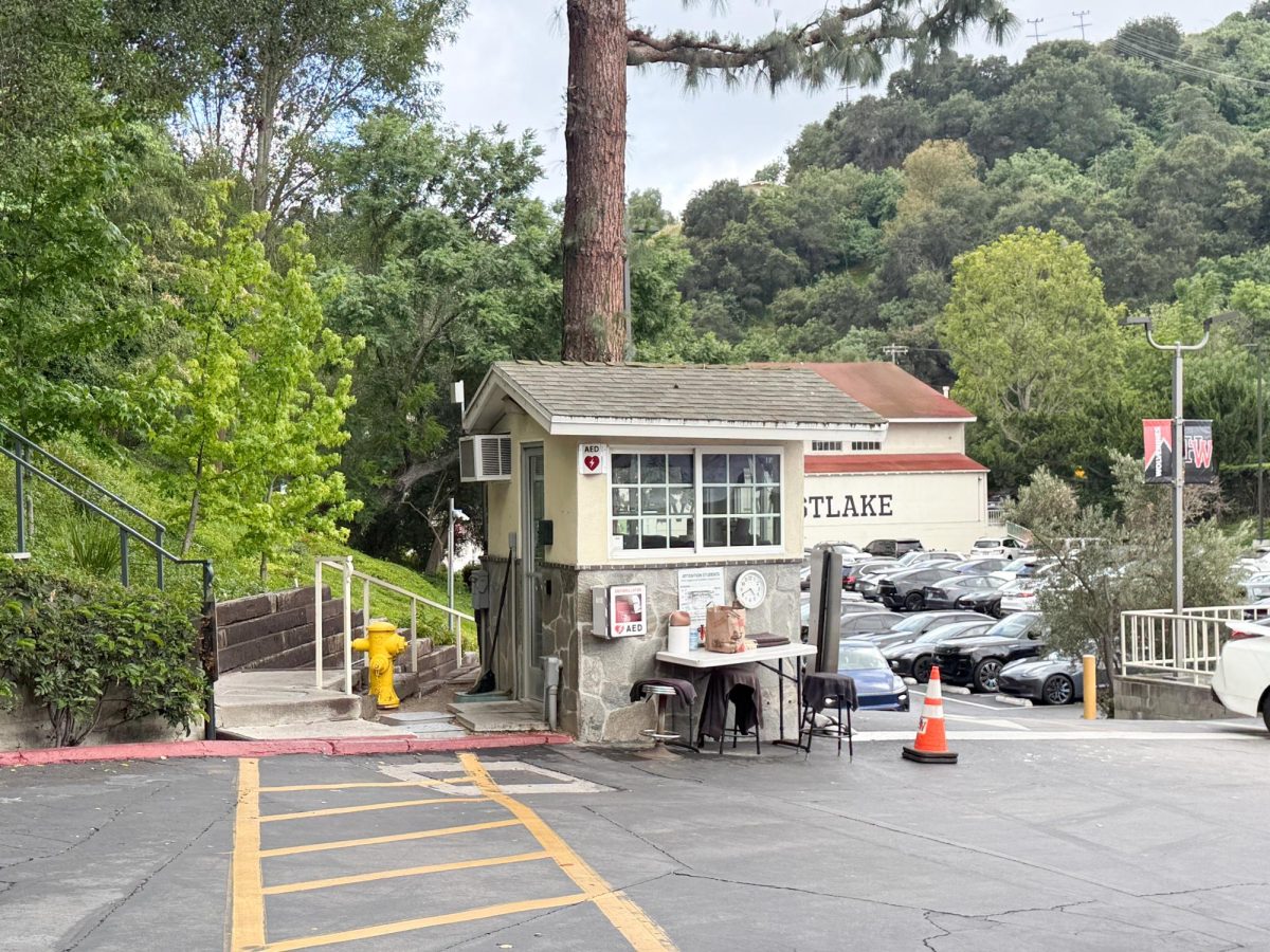 EYES ON THE ENTRANCE: The security booth at the south entrance keeps watch over the campus parking lot. The unexpected lockdown