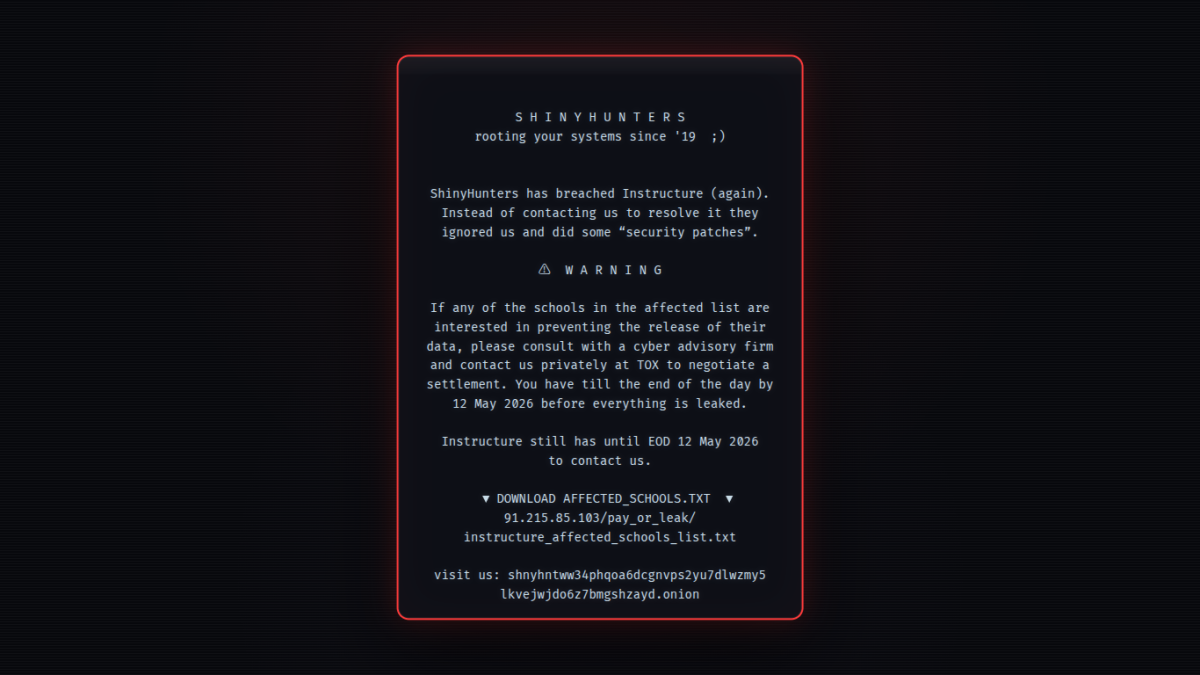 Message displayed on the Canvas login page May 7 after ShinyHunters claimed responsibility for a cybersecurity breach involving Instructure, the parent company of Canvas.